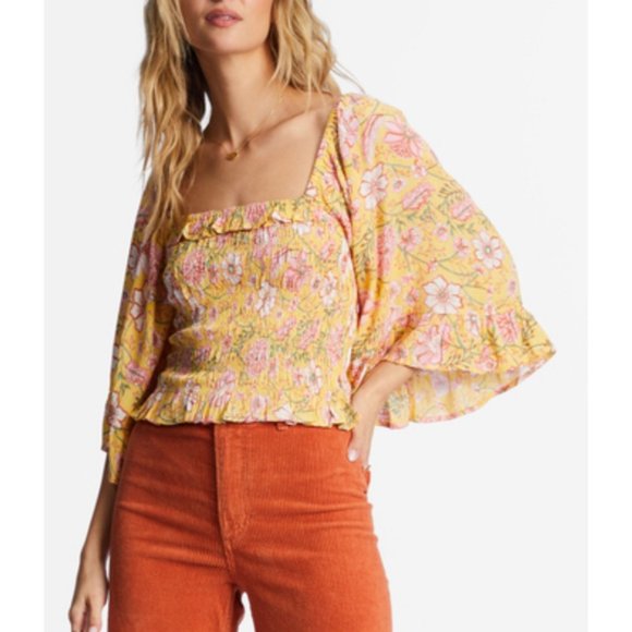 BILLABONG Be My Babe Crop Top Sz L Yellow Floral Bell Sleeve Square Neck Viscose - Picture 4 of 11